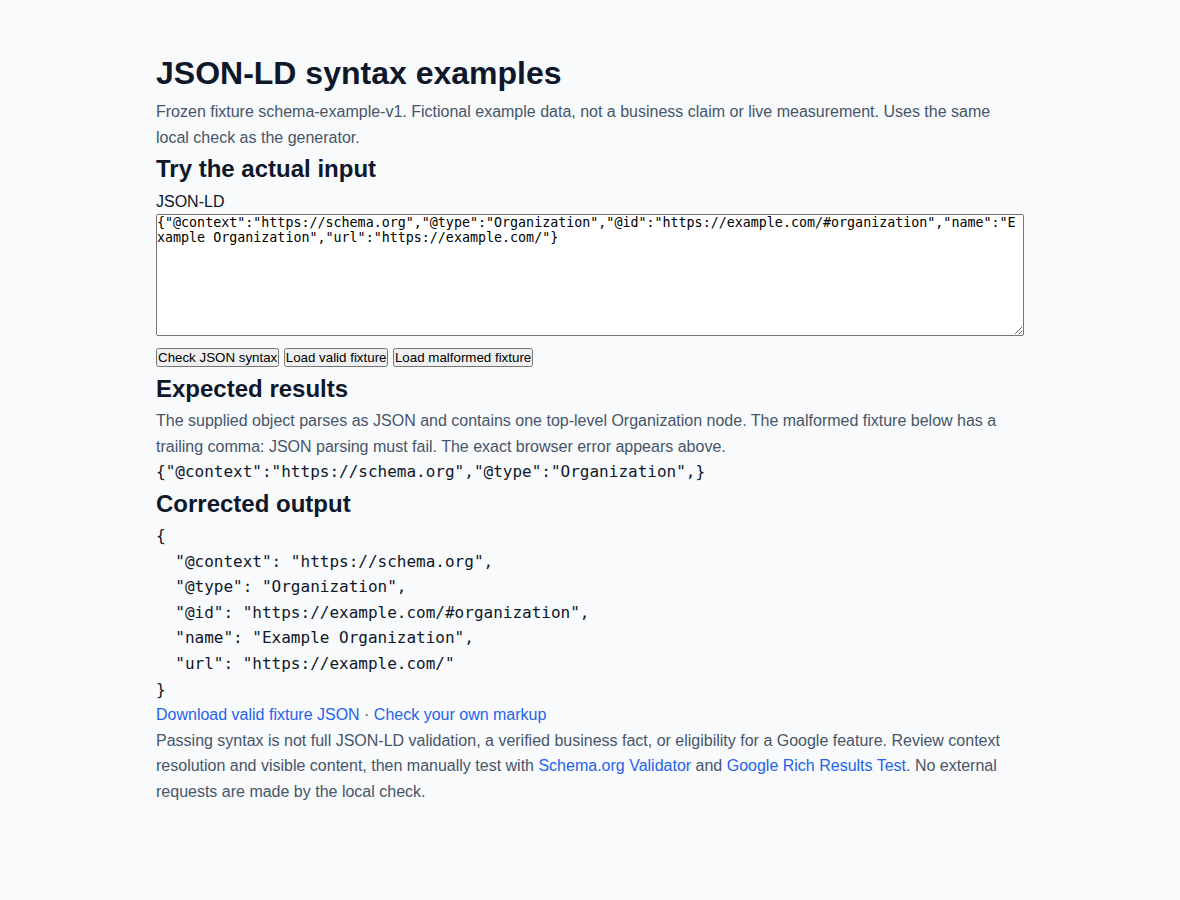 Schema Markup Generator sample comparing valid and broken JSON-LD examples